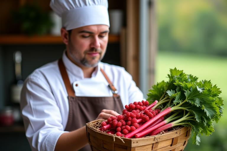 Chef inspecting fresh Kentish rhubarb and berries