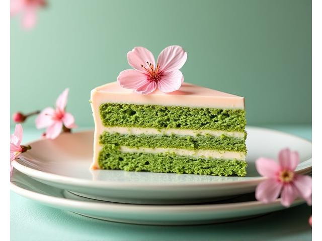 Slice of Sakura Matcha Cake with delicate cherry blossoms
