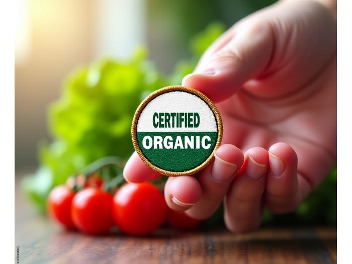 Close-up of a hand holding a certified organic label next to fresh produce, symbolizing quality and compliance.