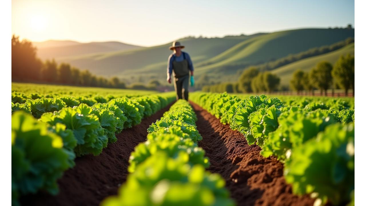 Lush organic farm in Kent with rows of healthy vegetables under a clear sky, showing a farmer harvesting produce.