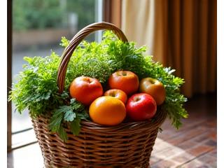 A rustic basket overflowing with colorful organic vegetables being delivered to a home.