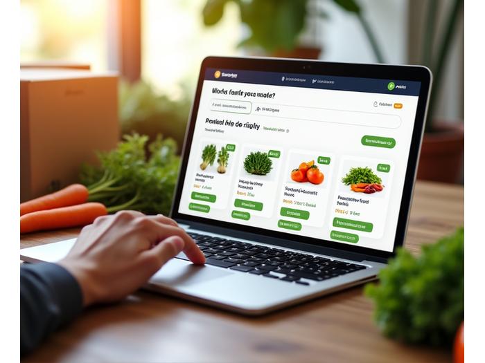 A computer screen displaying an intuitive online ordering platform for organic produce, with a hand pointing to a delivery schedule.