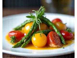 Freshly plated gourmet dish with organic ingredients, indicating restaurant supply.