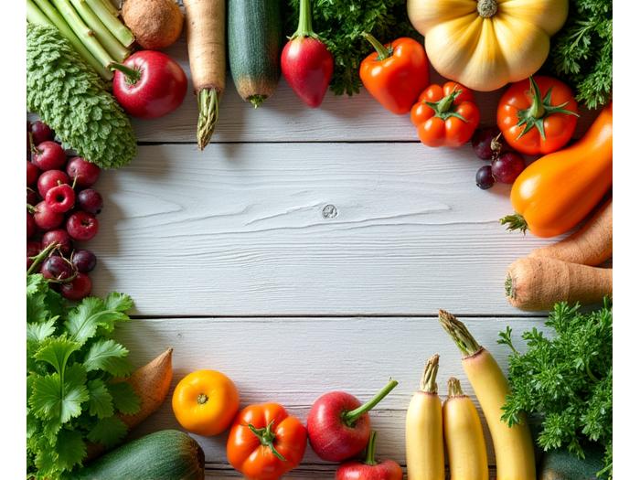 A vibrant flat lay of seasonal organic vegetables and fruits laid out on a wooden table, representing different months in a calendar form.