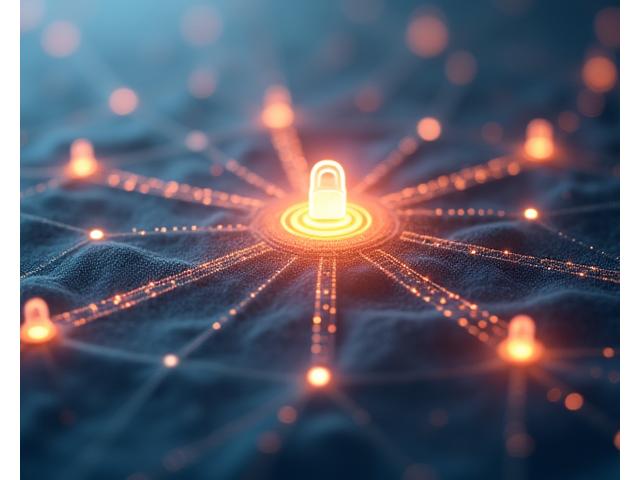 Interconnected abstract network of glowing lines and nodes, with a central protective shield, symbolizing secure and limited data sharing with trusted partners.