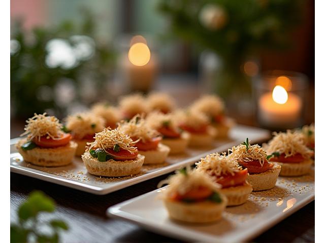 Elegant catering setup detail with gourmet sandwiches and floral arrangements, representing event service professionalism.