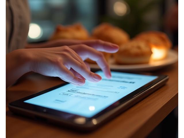 A close-up of hands touching a tablet screen, confirming an order, with a subtle background of fresh pastries, illustrating digital ordering.