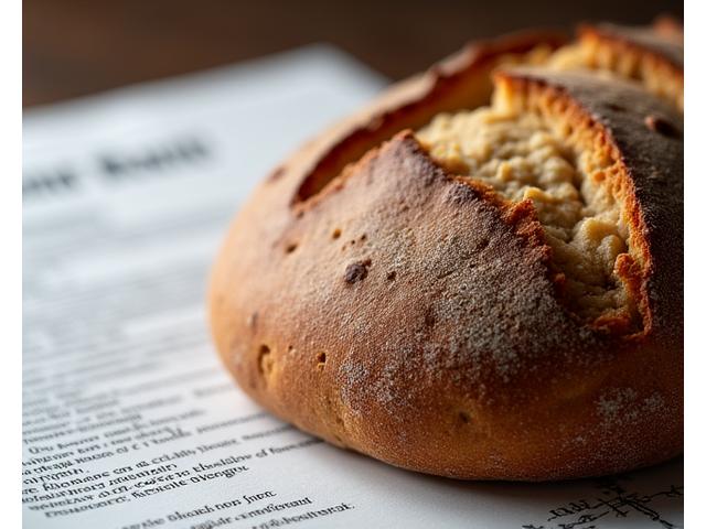 Close-up of a meticulously baked artisan sourdough loaf with a legal document subtly blurred in the background, symbolizing the quality and agreement.