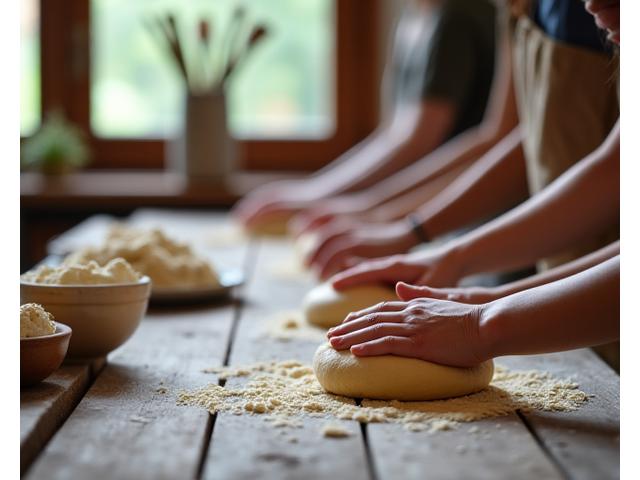 Close-up on hands kneading dough during a baking workshop, with blurred faces in the background, conveying hands-on learning.