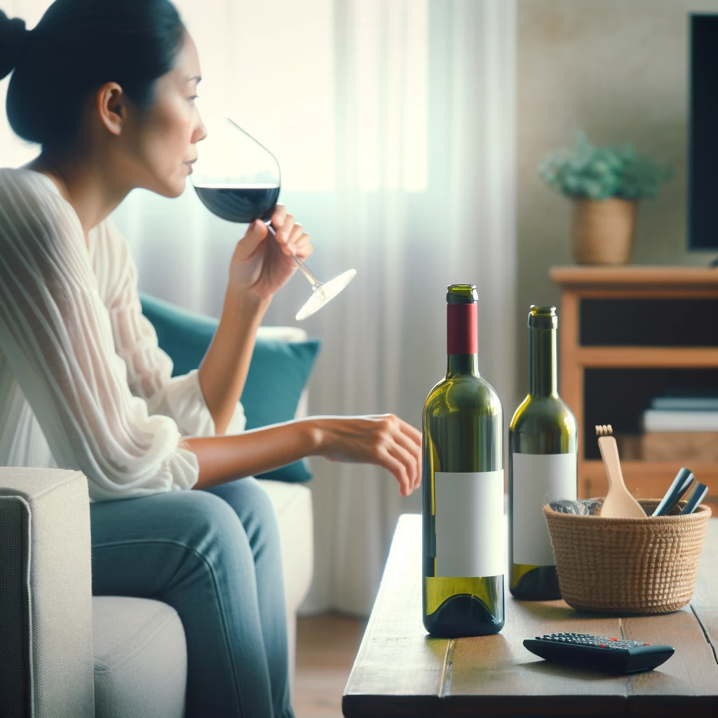 woman drinking and onto her 2nd bottle to signify drinking too much at home - the article is about how to stop drinking every night