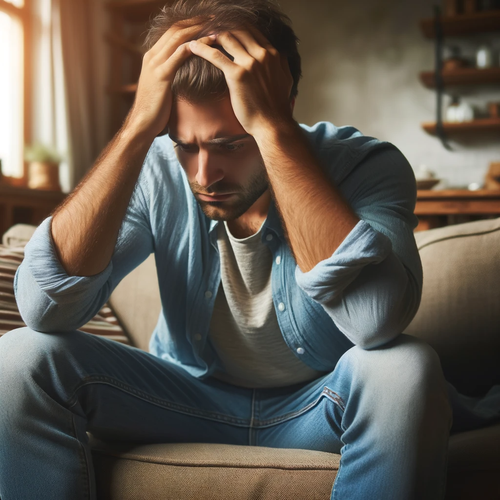 man looking worried on sofa