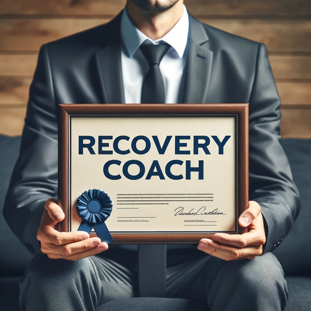 ai image of a man with a recovery coach certification certificate being held