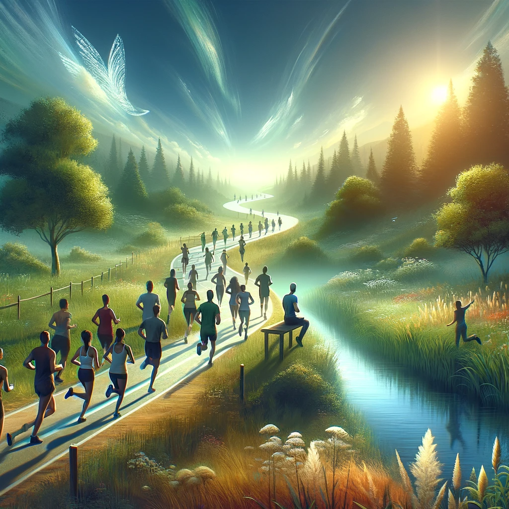 The conceptual art representing the benefits of running for addiction recovery has been created. It conveys a sense of freedom, healing, and community, depicting a serene natural landscape with a group of diverse individuals running together on a winding path. The atmosphere is uplifting and hopeful, symbolizing the journey of recovery and the support found in community.